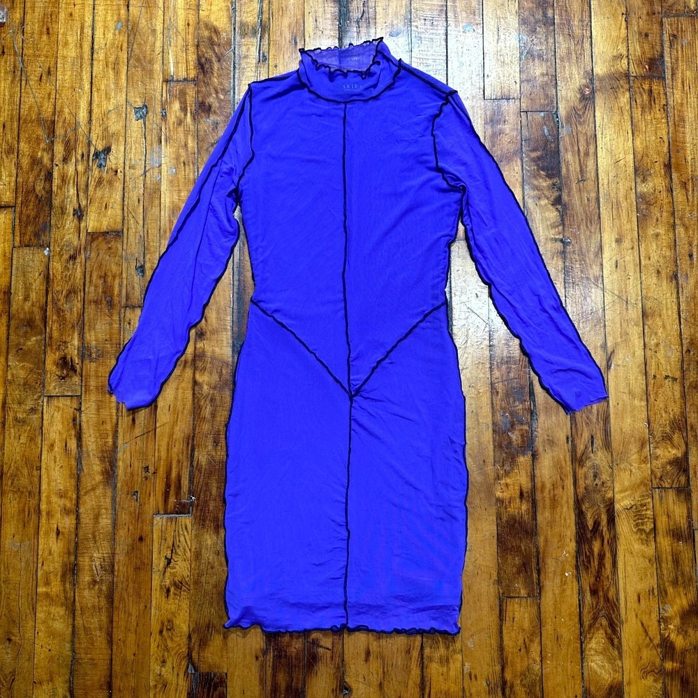 AKIRA Midi Dress Women's Medium Purple Stretch Mesh Long Sleeve Mock Neck Preppy